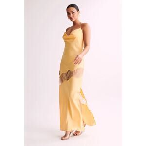 NWT Meshki Yellow Lace Detail Satin Maxi Dress L Formal Wedding Guest Vacation